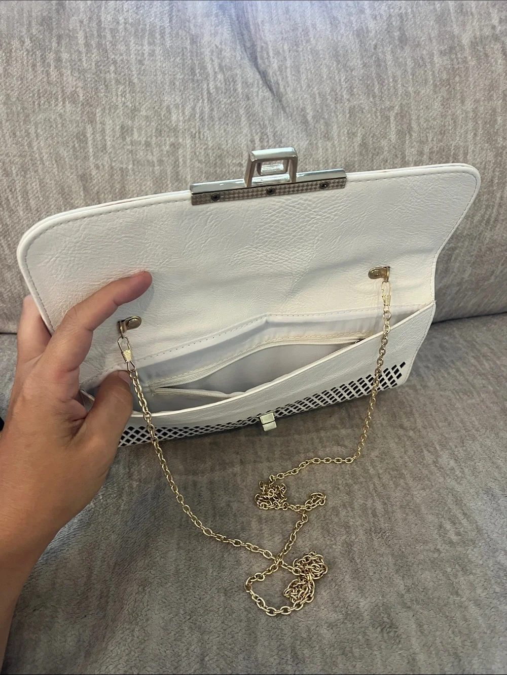 Boutique White Laser-Cut Clutch Bag with Metallic Accent